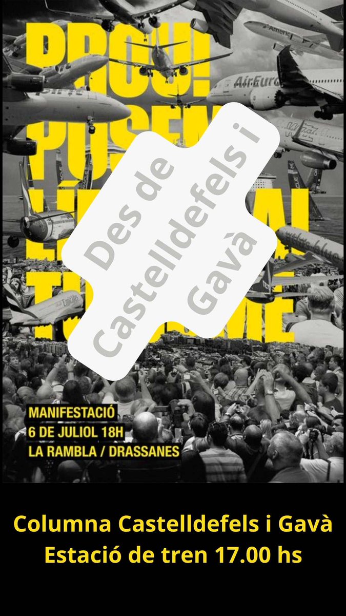 6eixosdeciment's tweet photo. 🛑⛔✈️ *STOP sobrevols a Castelldefels* ✈️⛔🛑

 🛄  *El model turístic actual és insostenible* ✈️⛔ Més turisme a Bcn = més avions, soroll i contaminació sobre Castelldefels. 💨🩻 

⚠️ Diem *NO a la contaminació acústica i mediambiental* 

16:40 estació RENFE
17:00 tren a BCN https://t.co/TQRHiNSUhM