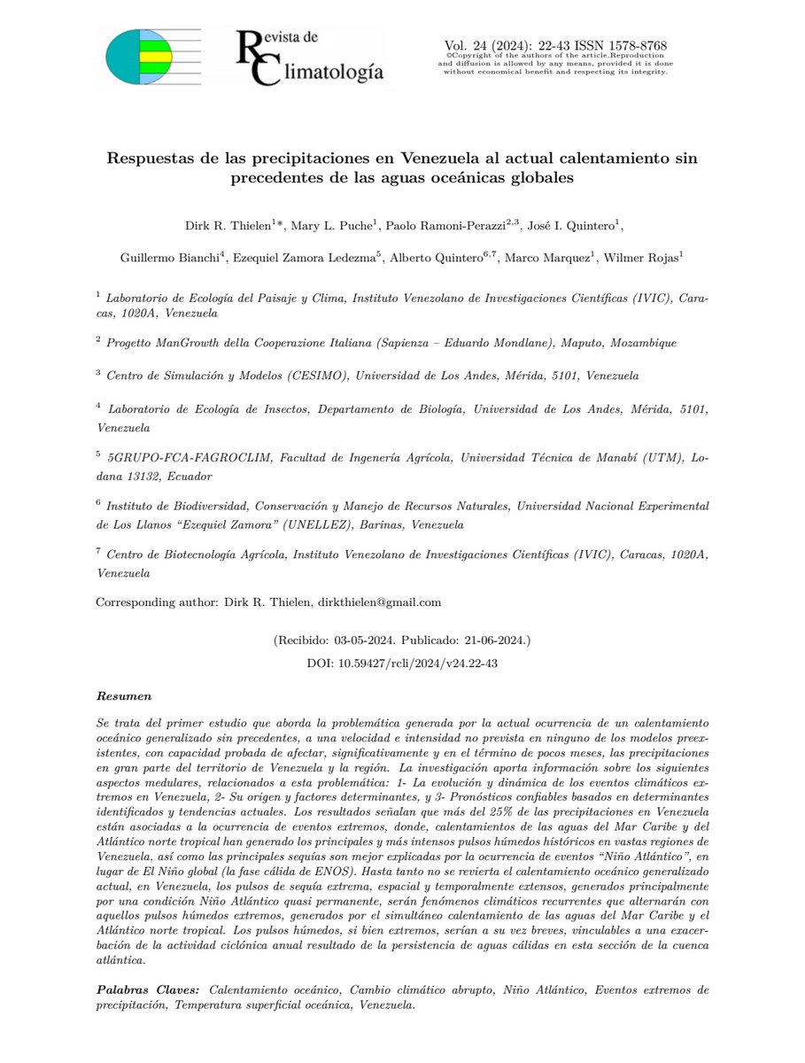 Respuestas de las precipitaciones en Venezuela al actual calentamiento sin precedentes de las aguas oceánicas globales.

Les comparto el trabajo del Dr. Dirk Thielen del <a href="/IVIC_oficial/">IVIC</a> en conjunto con un grupos de expertos en ecología y cambio climático.
mincyt.gob.ve/wp-content/upl…