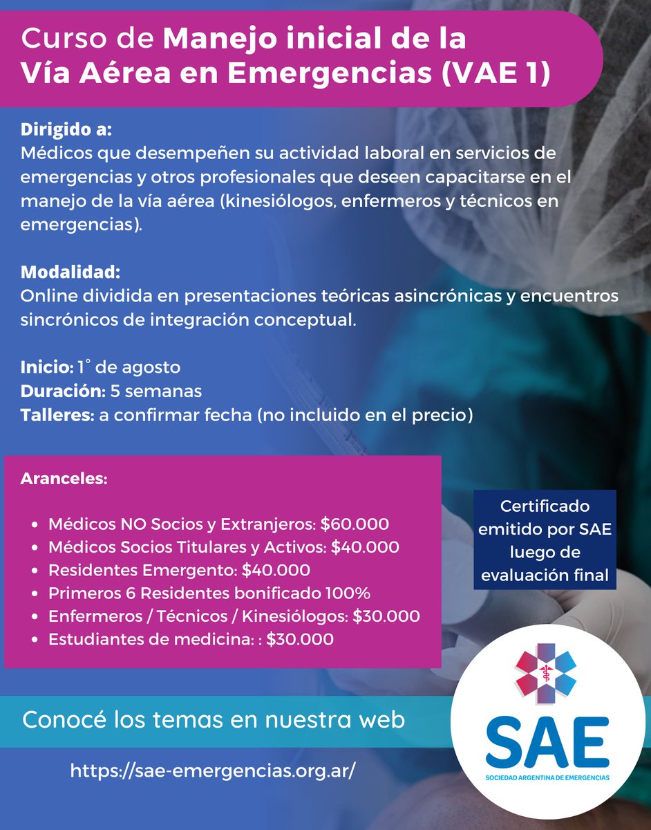 La Sociedad Argentina de Emergencias tiene el agrado de informar el lanzamiento del Curso de Manejo Inicial de la Vía Aérea en Emergencias (VAE 1) organizado por el Comité de Vía Aérea.

Link de preinscripción: forms.gle/X2MhWNFouzVkyH…

¡Los esperamos!
