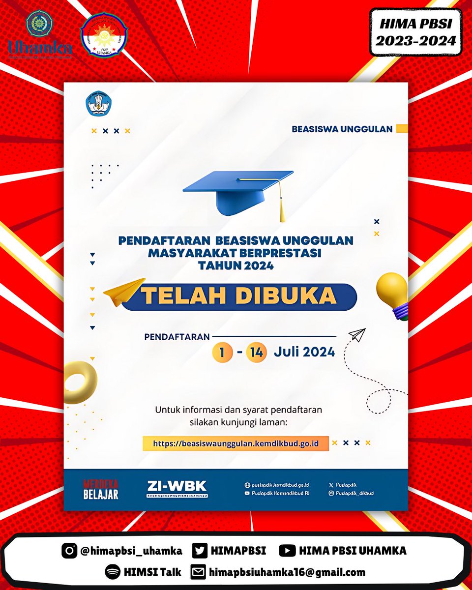 HIMAPBSI's tweet photo. 📋Pendaftaran Beasiswa Unggul Masyarakat Berprestasi📋

📸 IG : @himapbsi_uhamka
🕊️ Twitter : @HIMAPBSI
📧 Gmail : himapbsiuhamka16@gmail.com
🎥 YouTube : HIMA PBSI UHAMKA
🎙 Spotify : HIMSI Talk
🌐 Website : https://t.co/Nj9l8G145I

#HIMAPBSI
#SATUBANGSA
#SATUBAHASA
#INDONESIA https://t.co/gLRglJvW6P