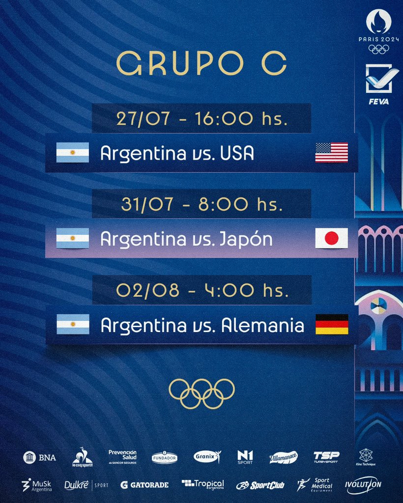 Voley_FeVA's tweet photo. 🔥 ¡Fixture confirmado para Argentina en los Juegos Olímpicos! 

🇦🇷 La Selección debutará ante Estados Unidos, seguirá con Japón y finalizará la fase de grupos con Alemania

🙌 ¡Falta muy poco para @Paris2024! https://t.co/BvDkN8448v