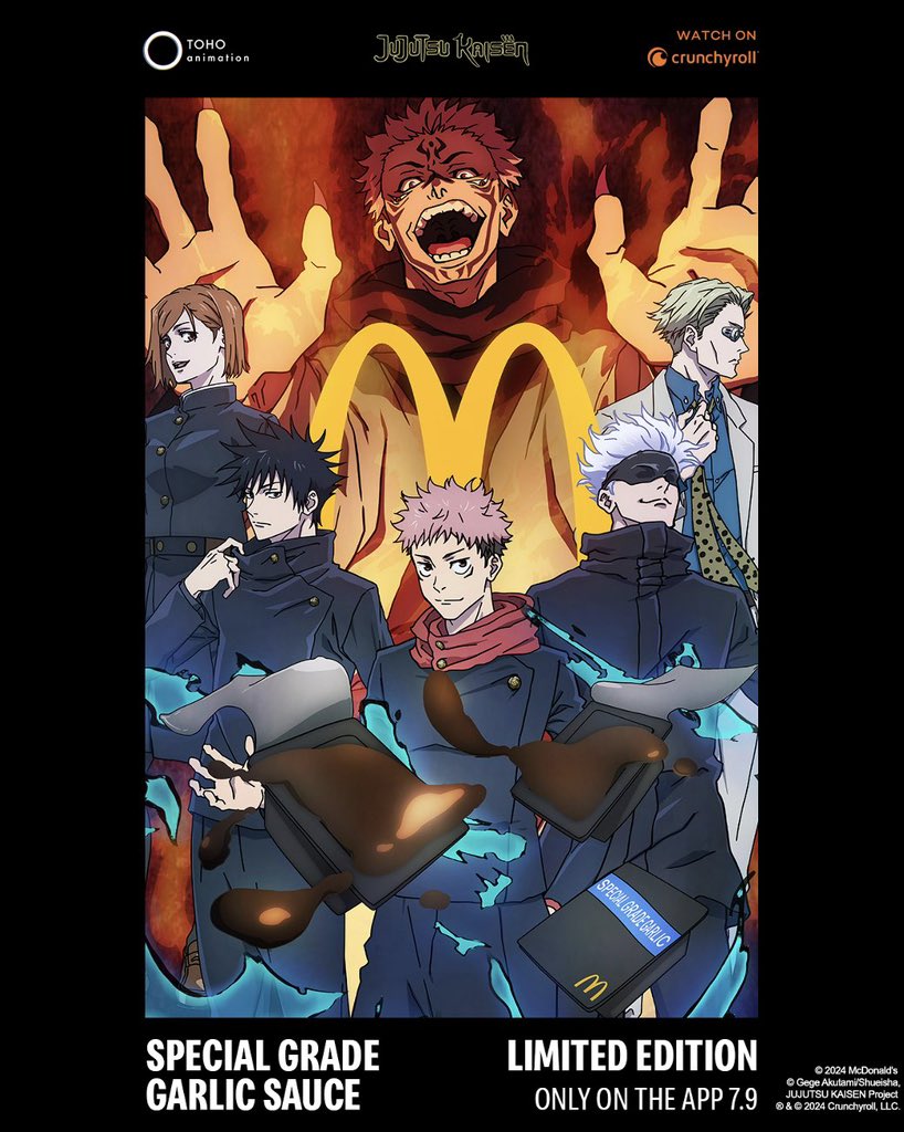 ‘JUJUTSU KAISEN’ and McDonalds will be collaborating for a special grade garlic sauce.

The sauce will have 8 different designs, each with a key character from the Shibuya Incident Arc.