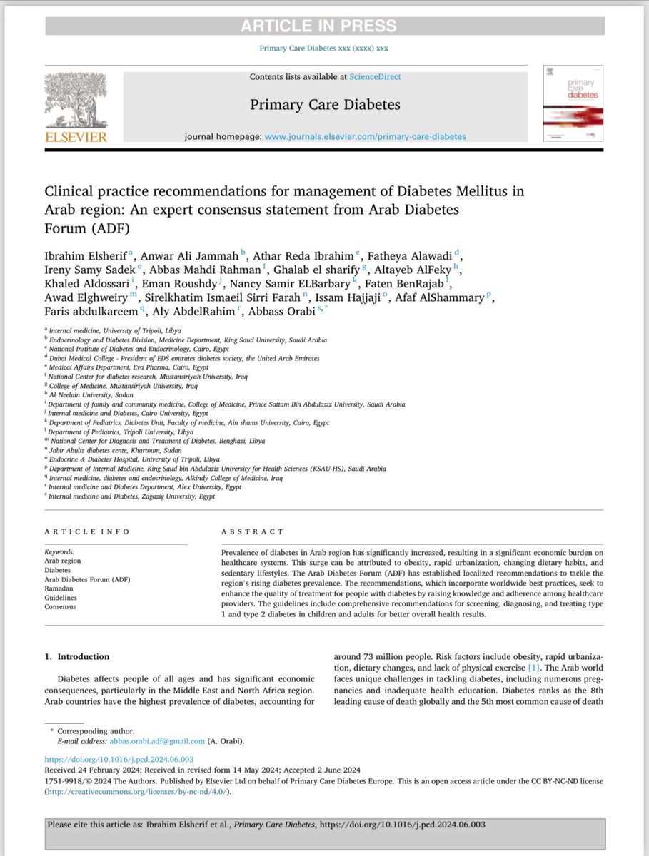 بفضل الله تم نشر أول توصيات عربية للسكري 
تضم خبراء من الدول العربية في مجال السكري في المجلة القوية Primary care Diabetes.
شارك من السعودية الأخ الغالي بروف أنور الجماح والأخت الفاضلة د عفاف الشمري ومحدثكم.

كلي أمل بأن يوحد الله العرب جميعاً في كافة الأصعدة.
Im glad to be part