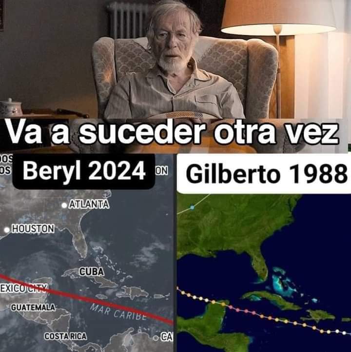 FcoCetina's tweet photo. Tenía 4 años cuando Gilberto, tengo recuerdos de los sonidos y de la devastación que causó en la península.  La trayectoria es similar, aunque leo que los expertos dicen que probablemente bajaría su intensidad antes de tocar tierra en México. Ojalá así sea. #Beryl https://t.co/8JKKlLPPK6