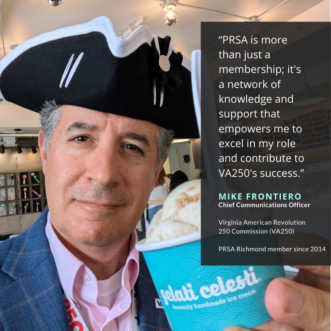 PRSARVA's tweet photo. Check out our #SummerSpotlight on #PRSARVA member Mike Frontiero, Chief Communications Officer for @VARevolution250.
Read our Q&A about leading communications for two pivotal moments in US history
https://t.co/zKU9vl8QB0 https://t.co/vsAznQdKRV