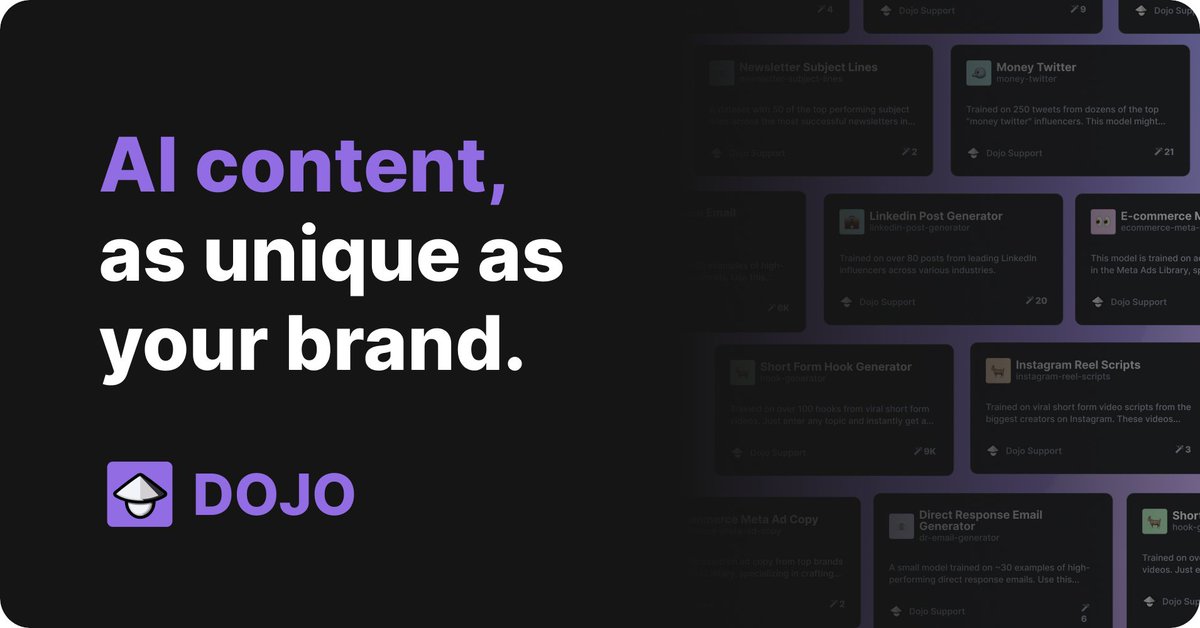 UseDojo's tweet photo. Say goodbye to cringy AI written copy that gives you a load of garbage that you'll never use…

Meet Dojo

Your all in one platform to train &amp; use AI models that actually sound human

Sign up for our waitlist today @ https://t.co/HpDS2V9V8X https://t.co/6C9ksJpQXd