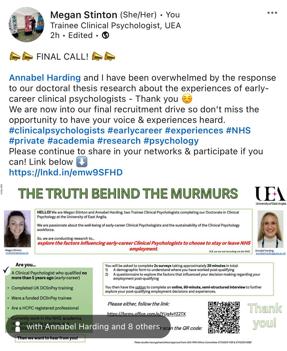 Experiences of Early Career Clin Psychs Research (@eccp_research) on Twitter photo 📣FINAL CALL!📣
Survey link ⬇️⬇️
forms.office.com/e/YUq4vYZ2TX
<a href="/annabelharding_/">Annabel Harding</a> & I are on the final recruitment drive for our early-career CPs research - please share & participate if you can!
#psychology #research #NHS #NHSCrisis #private #academia #takepart #dclin #clinpsyd 📣FINAL CALL!📣
Survey link ⬇️⬇️
forms.office.com/e/YUq4vYZ2TX
<a href="/annabelharding_/">Annabel Harding</a> & I are on the final recruitment drive for our early-career CPs research - please share & participate if you can!
#psychology #research #NHS #NHSCrisis #private #academia #takepart #dclin #clinpsyd
