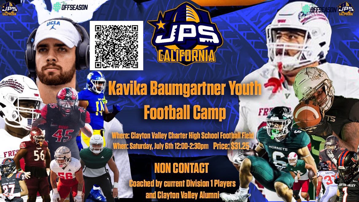 Join us this Saturday, July 6, 2024, 12:00-2:30 PM at Clayton Valley Charter High for a youth football camp hosted by current Fresno State Football Player, <a href="/KavikaB05/">Kavika Baumgartner</a> and coached by 11 current Division 1 players. Just $31.25 per athlete. Sign up via the link in our bio!