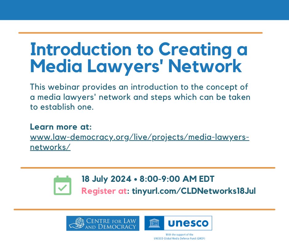 CLD is hosting a webinar on 18 July to provide an introduction to the concept of creating a national-level professional network of media lawyers. Hope to see you there!  

Register here: tinyurl.com/CLDNetworks18J…
More info: law-democracy.org/live/projects/…