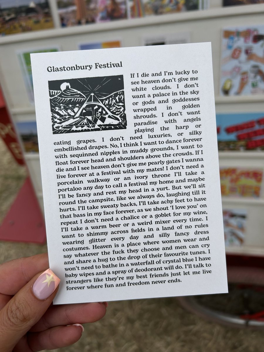 Picked this postcard up in The Park at Glasto on Friday .. have a little read 🥲 tissues at the ready 🌈🥹🌤️❤️👩🏼‍🤝‍👨🏻🙏🏼