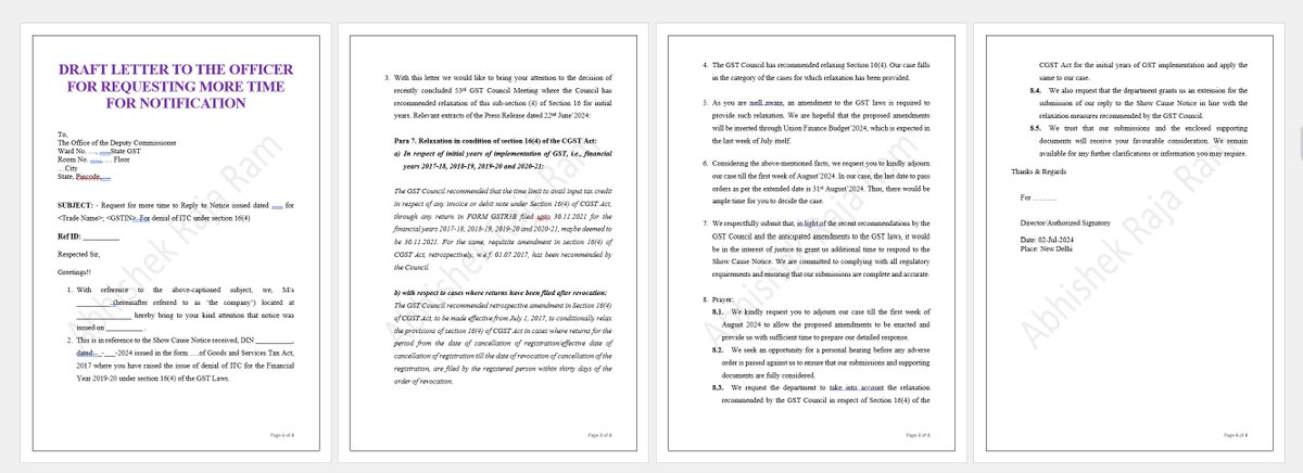 I have prepared a draft letter to be submitted to the Department requesting more time to reply for cases of 𝗦𝗲𝗰. 𝟭𝟲(𝟰) as per 53rd 𝗚𝗦𝗧 𝗖𝗼𝘂𝗻𝗰𝗶𝗹 recommendations

To Download:
1) Follow Me
2) Reply/Retweet
3) Check the DM
4) Follow Steps
5) Join GST Litigation Group