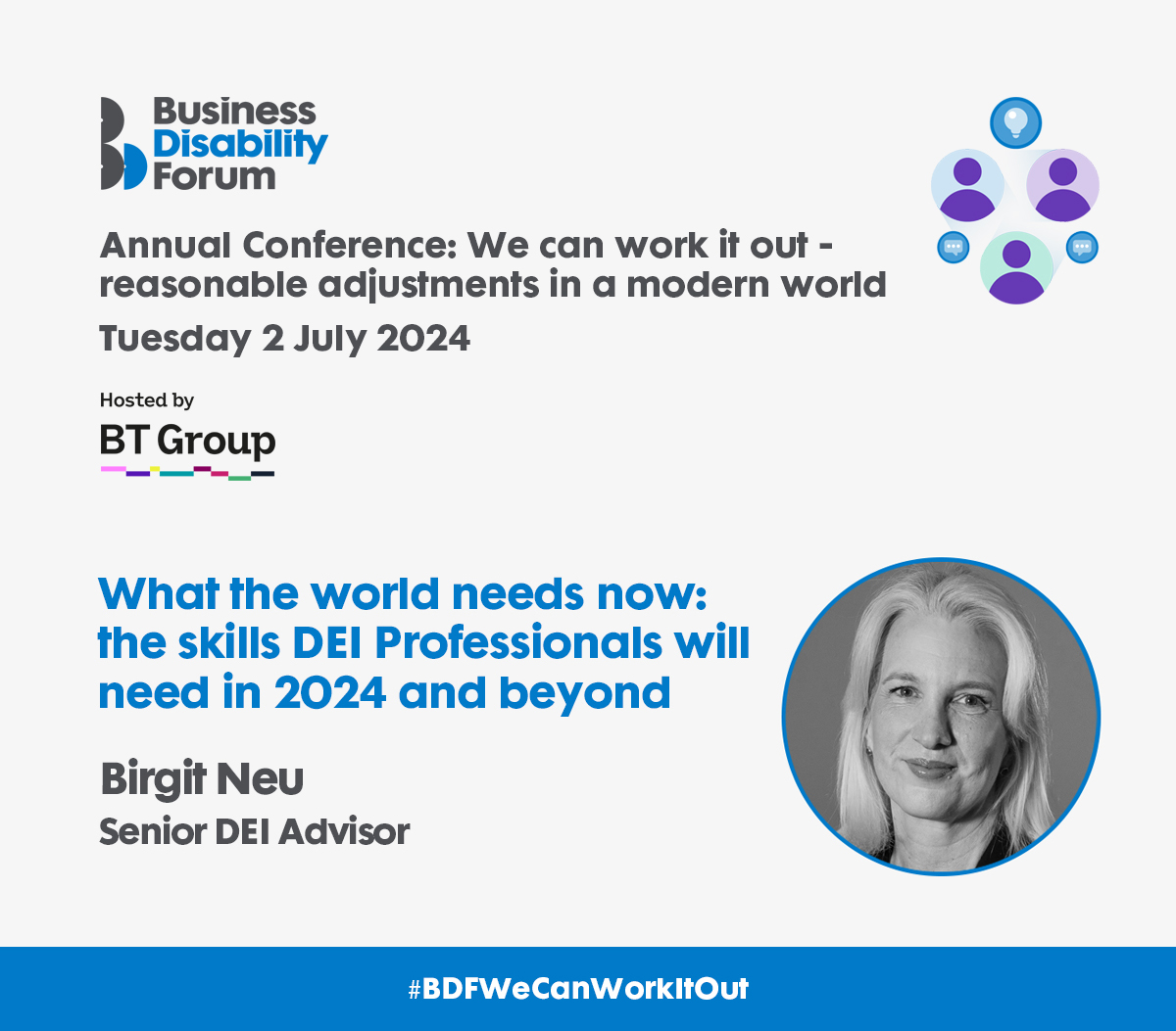 DisabilitySmart's tweet photo. Joining our CEO @DianeLightfoot for a conversation on the future of #DEI is @bneu_andu, Senior DEI Advisor.  

@BTGroup #BDFWeCanWorkItOut #AnnualConference #DisabilityInclusion #DisabilitySmart #DEI #EDI #DEIProfessionals #DiversityAndInclusion https://t.co/wbpJ6A8Zyj