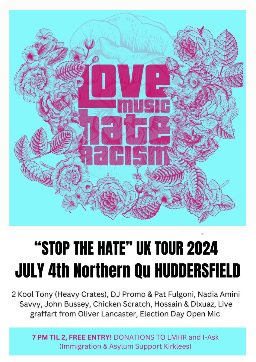 Only 2 days to go! 
Join IASK and Love Music Hate Racism for our music event this Thursday, 7 PM at Northern Quarter, Huddersfield. 
#StopTheHate