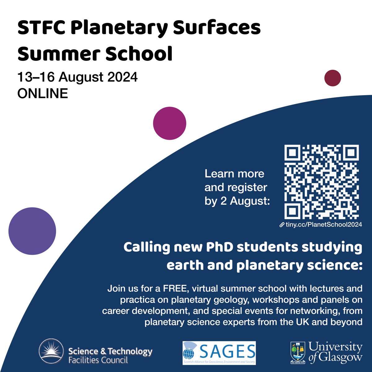 🪐 Will you be enrolled at a PhD program in the UK by Autumn 2024?

☄️ Join us for the FREE &amp; virtual STFC Planetary Surfaces Summer School! With lectures, practica, career panels, a film screening, &amp; more.

Register by 2 August: tiny.cc/PlanetSchool20…