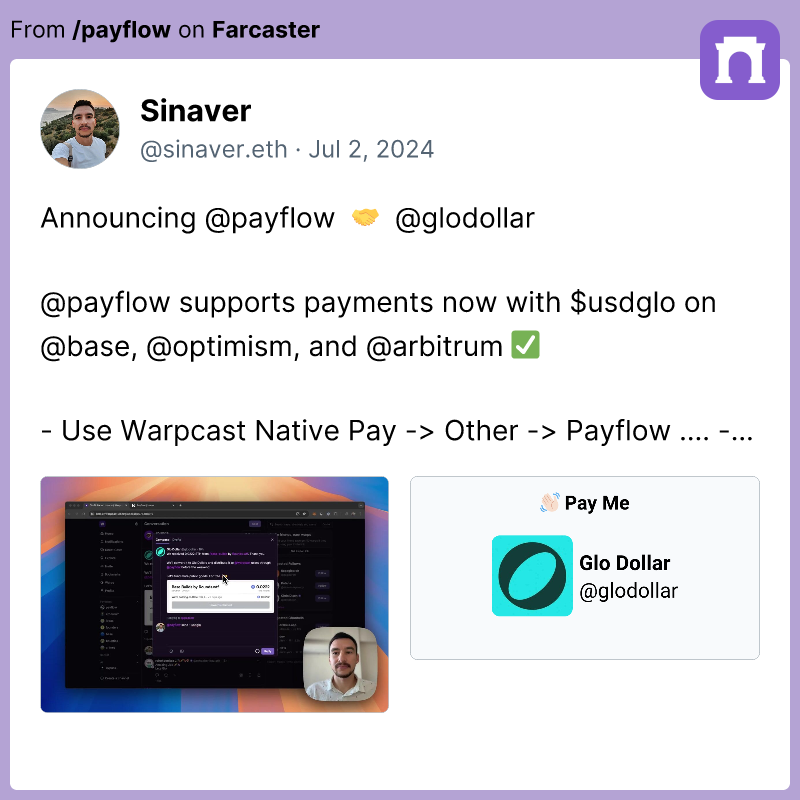 0xSinaver's tweet photo. @payflowme supports payments now with @glodollar's $usdglo on @base, @optimism, and @arbitrum ✅

Check it out on @warpcast -> https://t.co/n4vRVnIMxs https://t.co/R0mGDygtlt