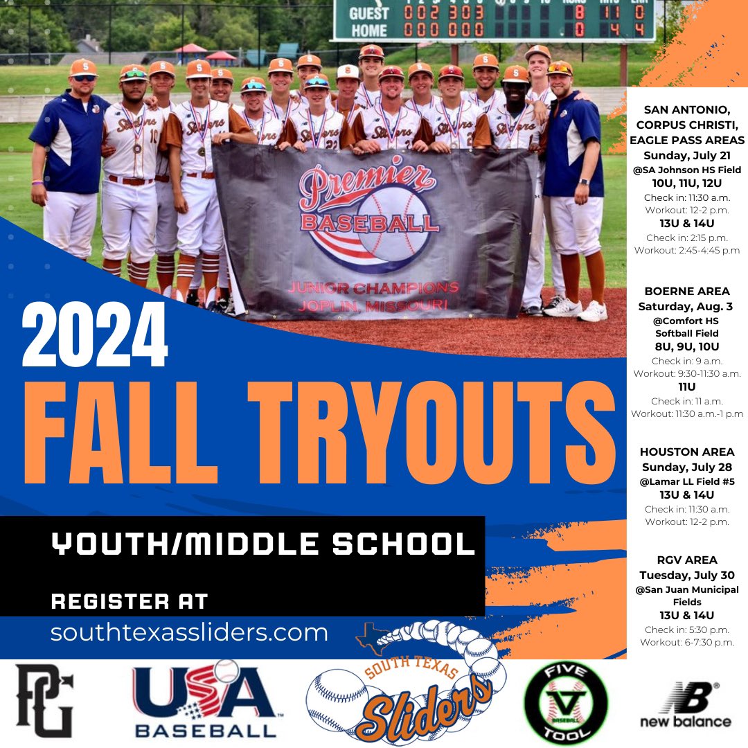 💥Fall Tryout Information - Youth &amp; MS
💥All Regions 
💥 Register online @ southtexassliders.com or right here 👉 docs.google.com/forms/d/e/1FAI…