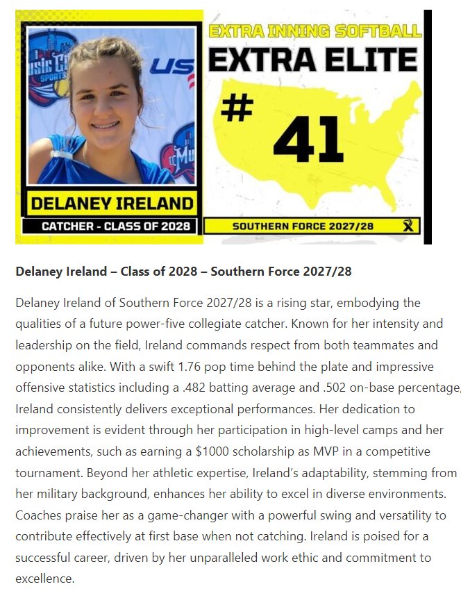So thankful! Thankful for <a href="/ExtraInningSB/">EXTRA INNING SOFTBALL</a> for this tremendous recognition. Thankful for my <a href="/SouthernForce09/">Southern Force 2027 Premier</a> coaches and teammates. Especially thankful for all the former players who have coached, mentored and shaped the player that I am becoming. #JobNotFinished #MoreWorkToDo