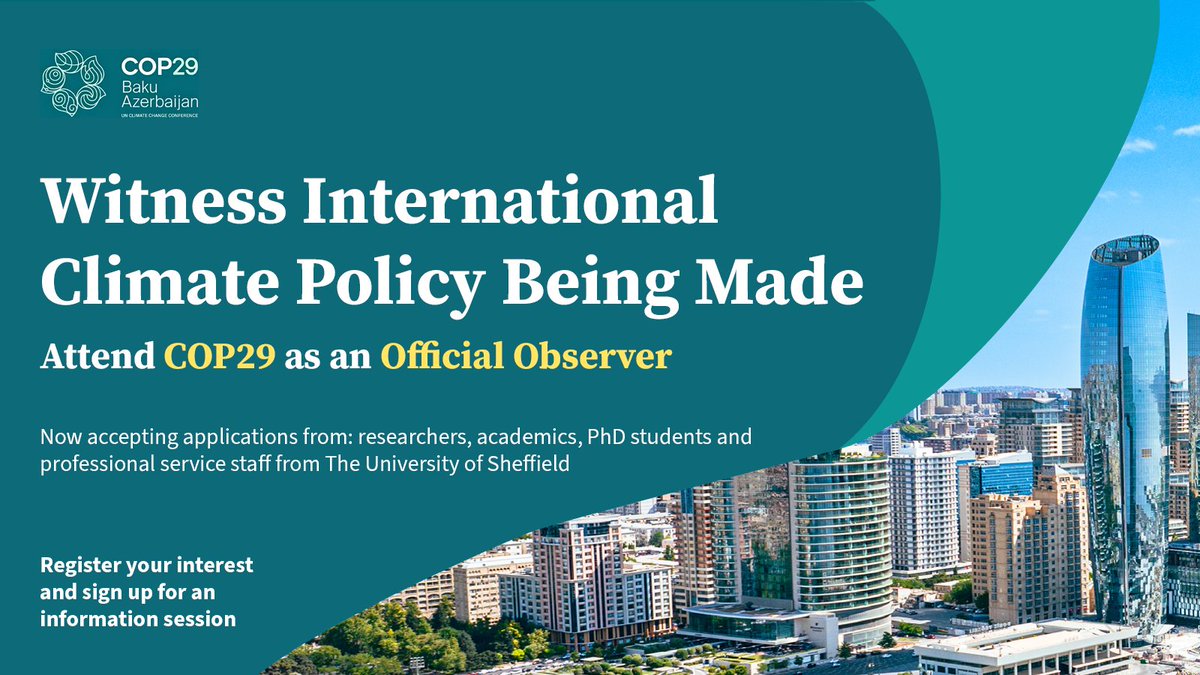 Grantham Centre (@granthamcsf) on Twitter photo 📢 Calling all <a href="/sheffielduni/">The University of Sheffield</a> researchers, academics, PhD students and professional services staff! Apply now for the chance to attend <a href="/COP29_AZ/">COP29 Azerbaijan</a> as an official observer.
Register now & sign up for an info session to learn how to submit a successful bid. ⬇️
docs.google.com/forms/d/e/1FAI… 📢 Calling all <a href="/sheffielduni/">The University of Sheffield</a> researchers, academics, PhD students and professional services staff! Apply now for the chance to attend <a href="/COP29_AZ/">COP29 Azerbaijan</a> as an official observer.
Register now & sign up for an info session to learn how to submit a successful bid. ⬇️
docs.google.com/forms/d/e/1FAI…