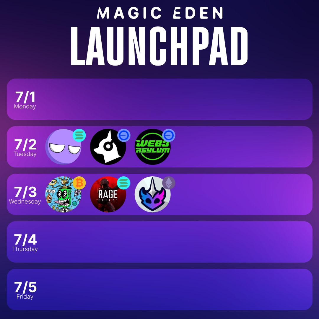 This week's Launchpad coming fast on Tuesday and Wednesday. Be prepared...

7/2
<a href="/Gogonauts/">Gogonauts</a>
<a href="/Chooky_Records/">Chooky</a>
<a href="/Web3Asylum/">Web3 Asylum</a>

7/3
<a href="/AlienOrdinals/">Alien Ordinal Artifacts (A👽A)</a>
<a href="/ChronosWorlds/">ChronosWorlds</a>
<a href="/RageEffect_/">Rage Effect</a>

Which mint are you most excited for?
