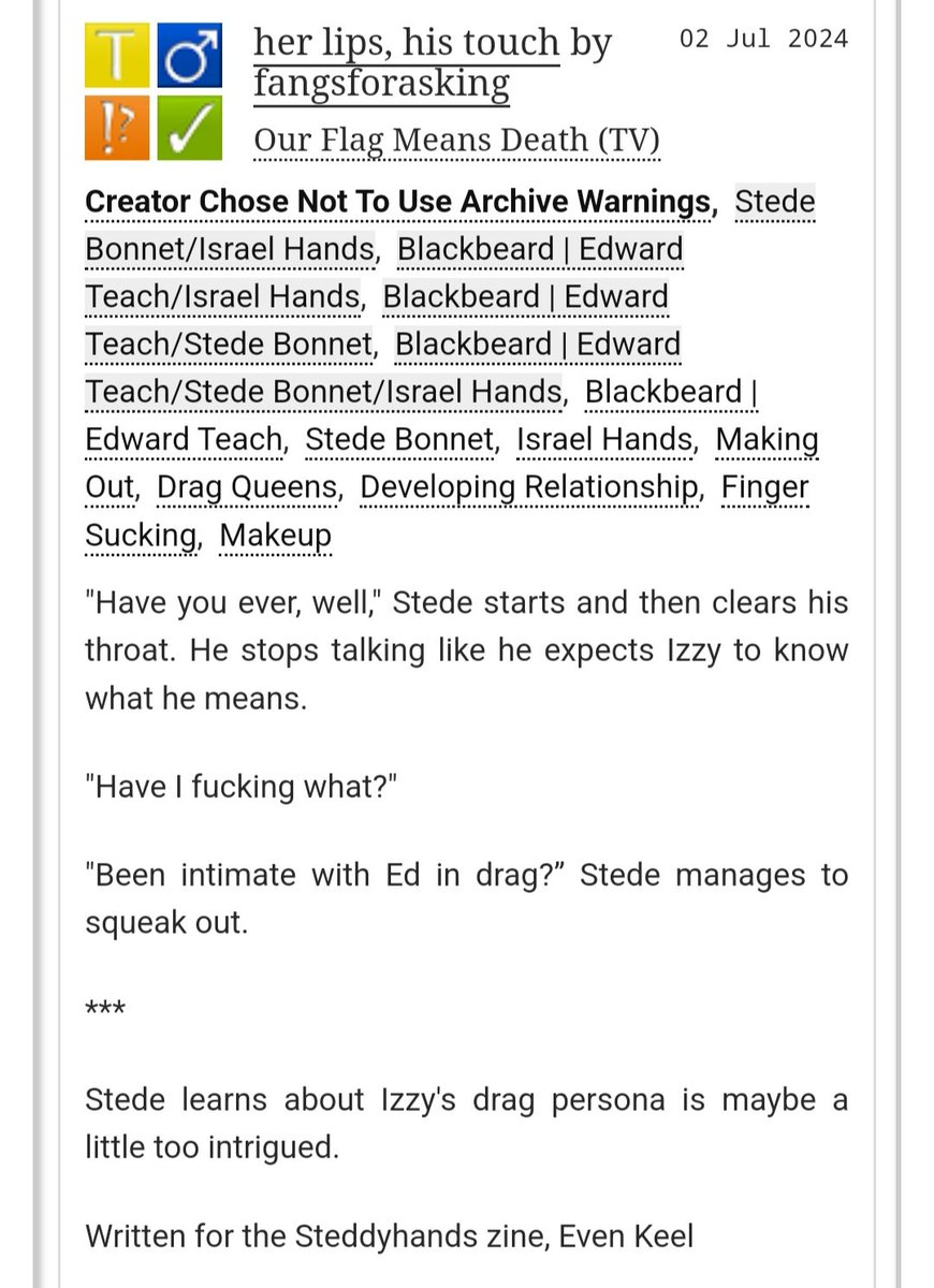 New Steddyhands fic alert!! 

Featuring drag queen Izzy, pervert Stede and drag husband Ed 💅

Written for the <a href="/steddyhandszine/">Even Keel: A Steddyhands Zine</a> which you can still pick up at their website!! (links below)