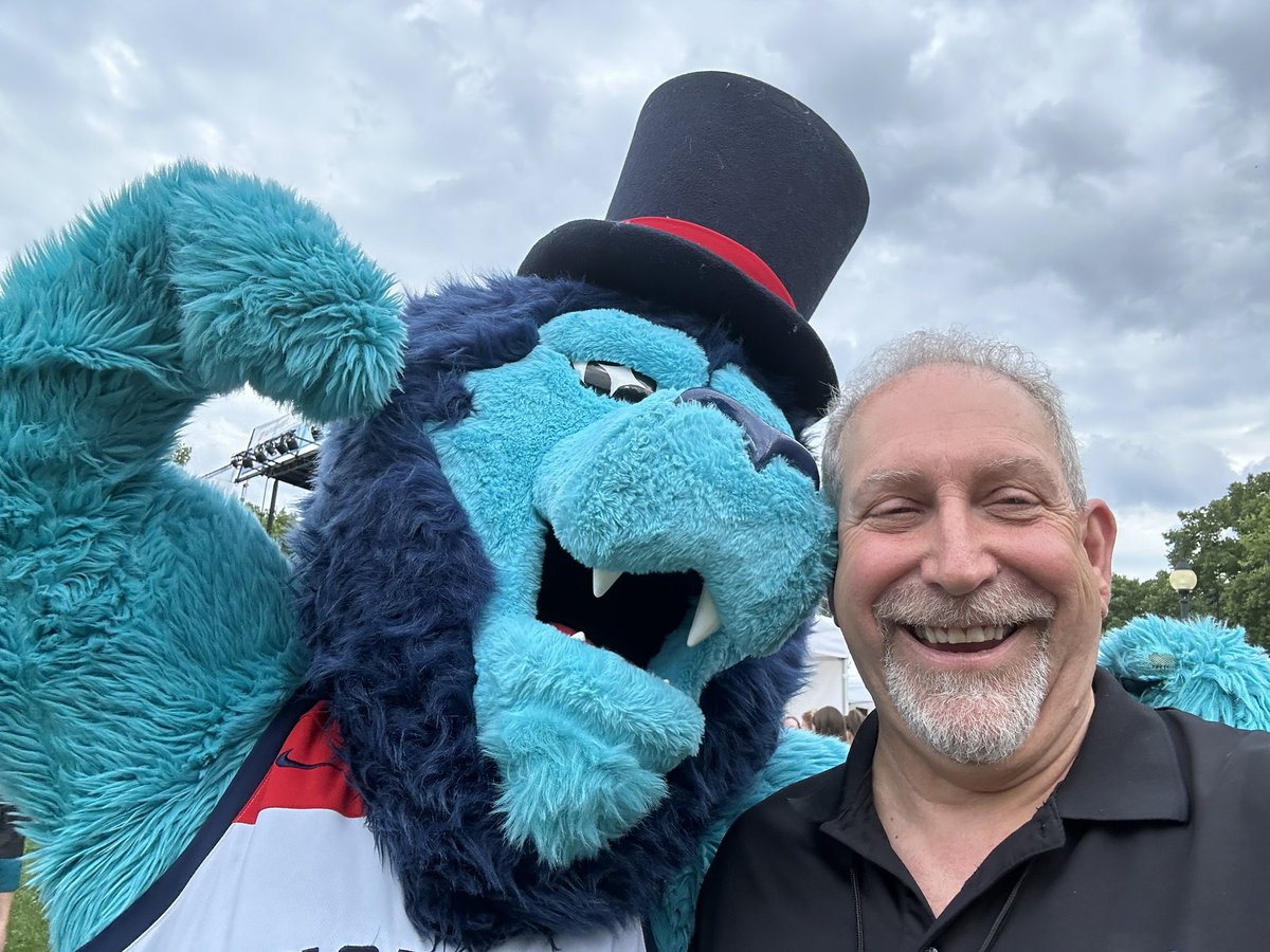 cfinder's tweet photo. Saturday at the #WYEP Summer Music Festival, I met the @GoDuquesne mascot, the (Aqua?) Lion Duke… nearly 30 years after I debuted the infamous &amp; short-lived Duke the Bear mascot costume. Somehow that mascot moment has been lost to either history or a fire of questionable origin. https://t.co/1yrjfq3rmT