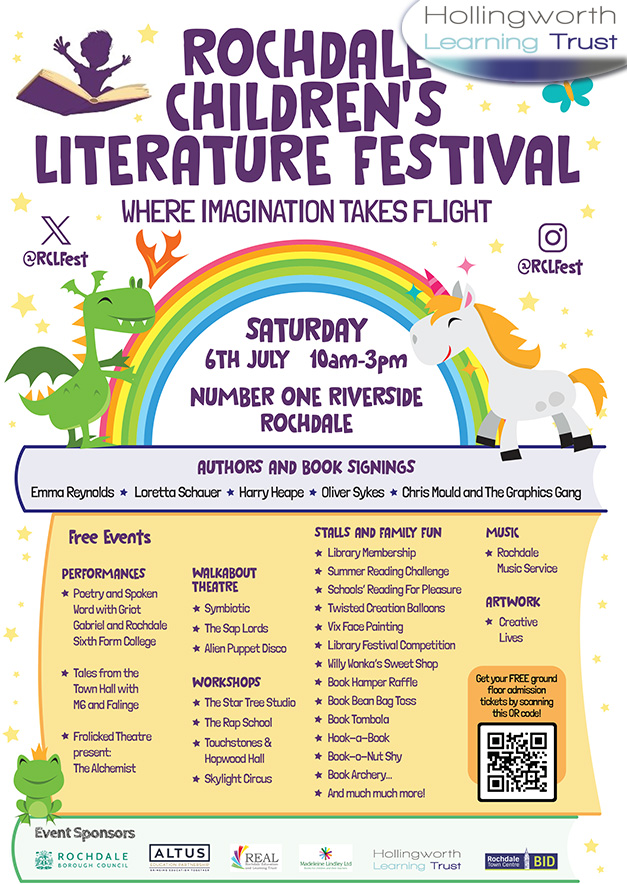 We are proud to be a sponsor of <a href="/RCLFest/">Rochdale Children's Literature Festival</a>
A day of reading celebration at Rochdale Central Library for families with children of all ages.
rochdale.gov.uk/events/event/8…
#reading #readingforpleasure #childrensreading #rochdale #kidslit #books #authors