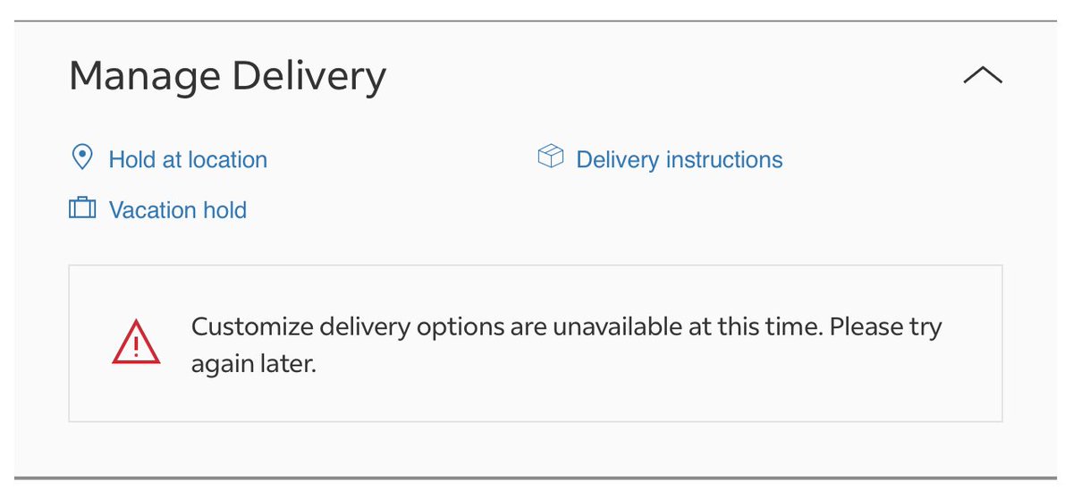 InTheBackhaus's tweet photo. Finally, none of your Manage Delivery options on your site actually work. WTF https://t.co/up9fCAFYv8