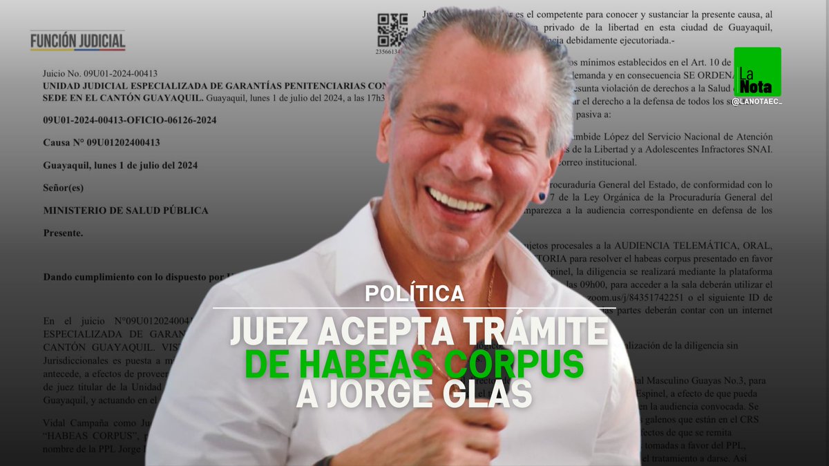 #URGENTE | La acción de habeas corpus presentada por la abogada Karen Begonia Gómez Subía que busca liberar a Jorge Glas de La Roca fue aceptada por un juez en #Guayaquil.

ℹ️ La audiencia para resolver el HC, se desarrollará mañana, 3 de julio, a las 9AM vía Zoom.

#SigueLaNota