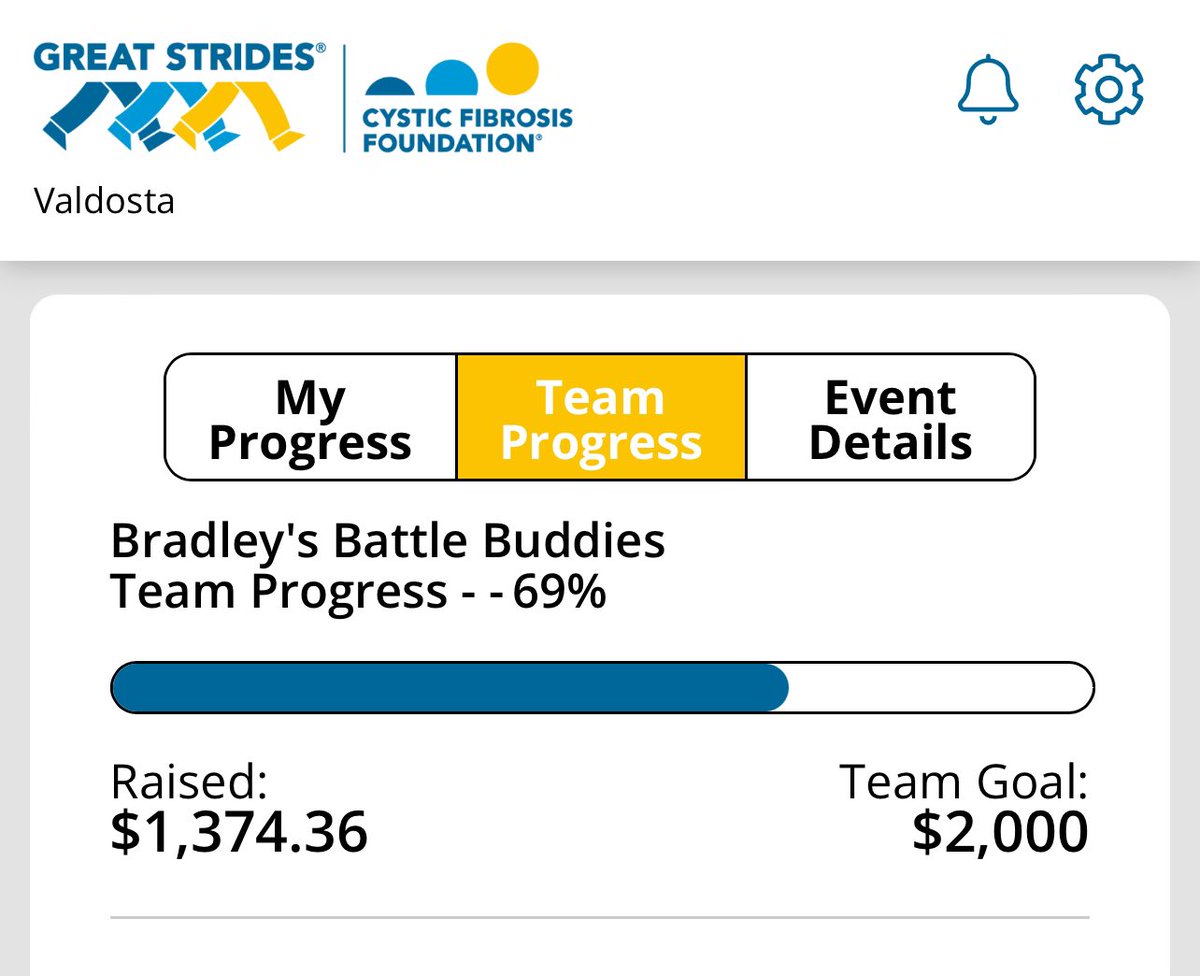 bwombat24's tweet photo. Wow what a start to this year’s #GreatStrides fundraiser to #cureCF! In the 1st week #BradleysBattleBuddies has raised almost $1400! Help us fight for a cure for Bradley &amp; all of our CF warriors! 
If you donate &amp; want a Battle Buddies wrist band dm me! 🫁
https://t.co/p92ortV3b2 https://t.co/mkdEzoPLEj