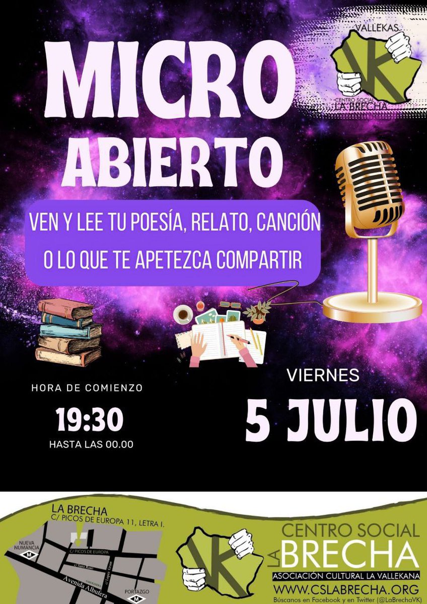 🌻🗓️Este viernes empezamos verano con un mIcRo AbIERto!!!🎉🌞🎤💚🍸🍹

Alza tu voz, o tu cuerpo. Canta lo que cantas. Rima lo que rimas o tráete un verso libre. Improvisa, toca las castañuelas, silba. O recita la lista de la compra. 🗣️🐒🎶 

📍Nos vemos este viernes a las 19:30h