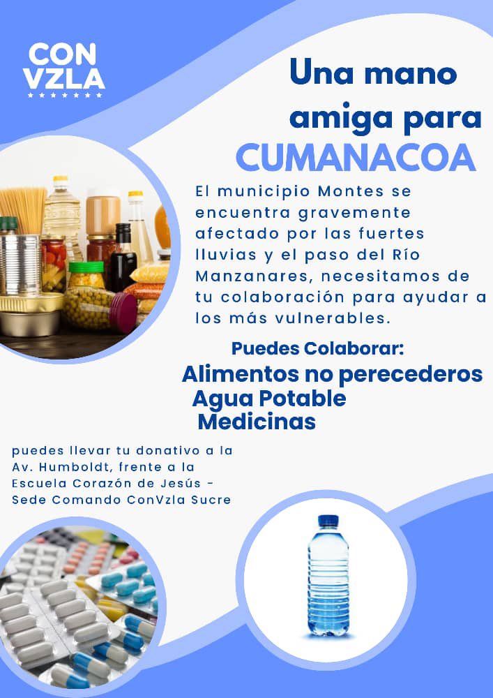 En oración por toda mi gente de Sucre y especialmente por los vecinos de Cumanacoa, municipio Montes. No están solos, toda mi fuerza con ustedes. 

A todos los venezolanos, les pido que demostremos una vez más que somos solidarios y generosos. Ayudemos a los sucrenses en estas