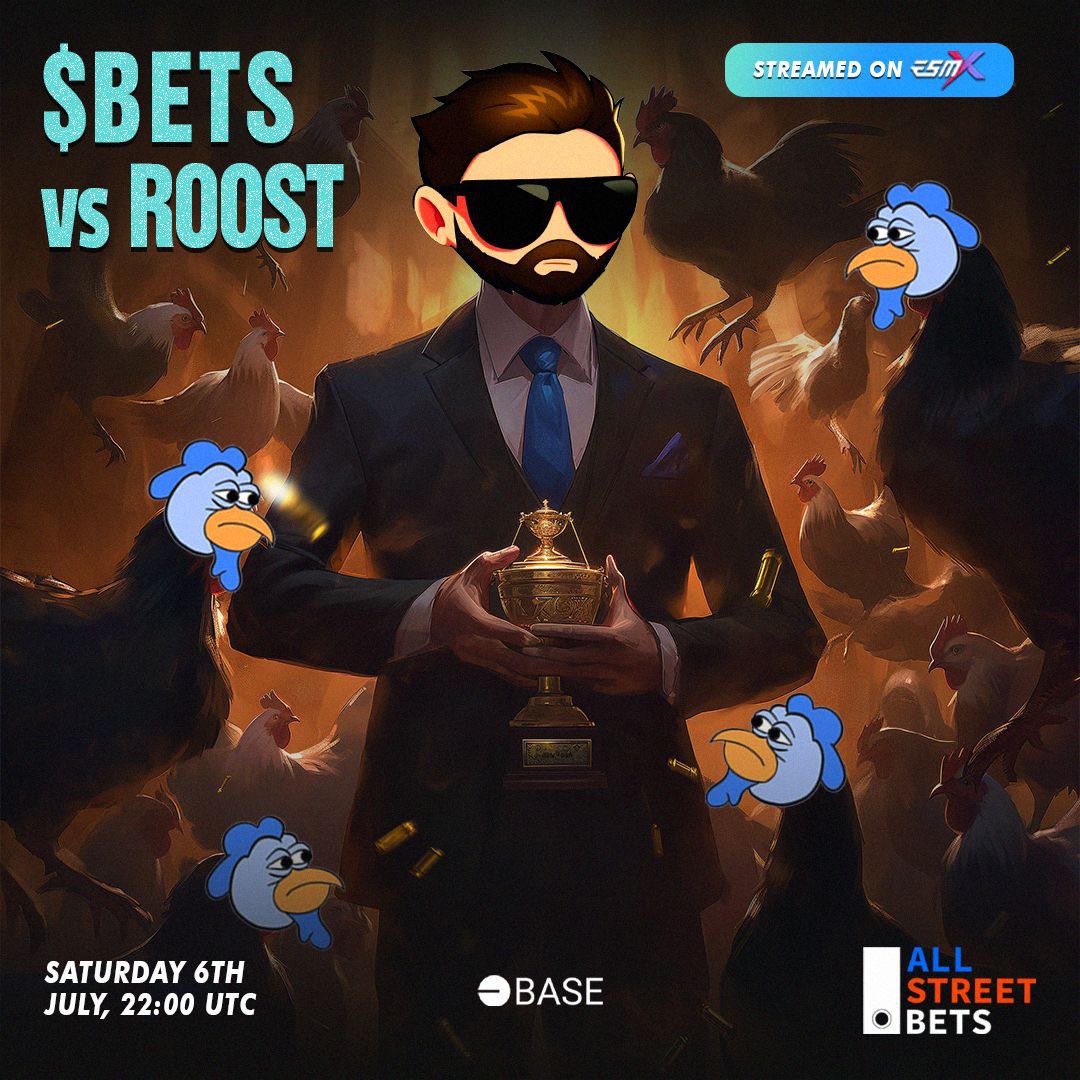MaxTheDegen69's tweet photo. @BetsClan stands alone. Surrounded by chickens. He’s not afraid. All these chickens will be put back in their Roost soon. Again. 🔪🐔

It’s official. The final showdown between the @AllStreetBetsV1 team and @RoostClan is locked in.

📺 July 6th | 22:00 UTC | @esmx_official https://t.co/fojNa7LBGQ