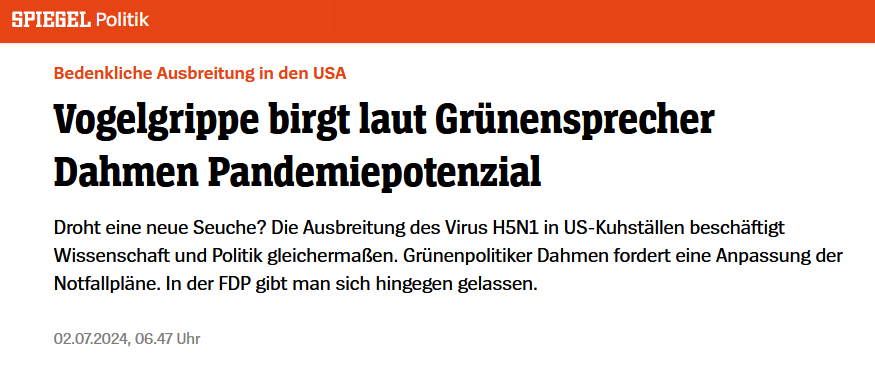KlocknerMarcus's tweet photo. "Vogelgrippe birgt laut Grünensprecher Dahmen Pandemiepotenzial"
Hier wird das Problem sehr deutlich.
Ein Medium wie Spiegel-Online holt sich noch immer an dieser Stelle "Auskunft". https://t.co/taczPkjFIQ