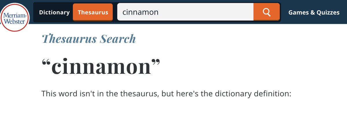 MerriamWebster's tweet photo. In case you were wondering if there was a synonym for 'cinnamon': https://t.co/Tw7wNSz8Tq