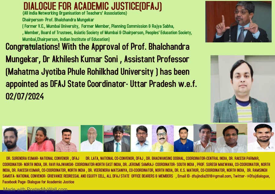 DfajDialogue's tweet photo. Congratulations! Dr. Akhilesh Kumar Soni has been appointed as DFAJ State  Coordinator for Uttar Pradesh. DFAJ is not affiliated to any political organization,  and works to strengthen Higher Education @PMOIndia @CMOfficeUP @rashtrapatibhvn @DrMungekar @drsurendradu https://t.co/7uVkM8wWkL