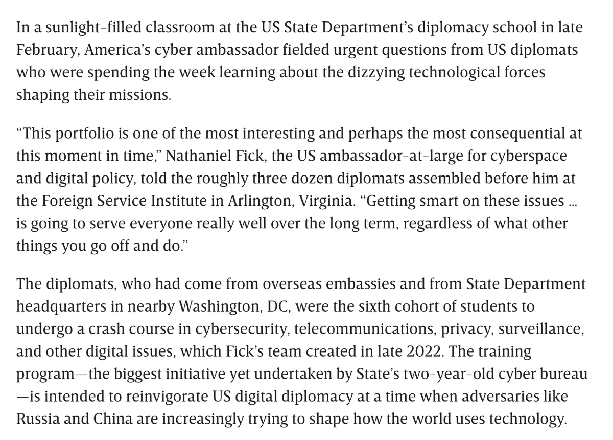 ericgeller's tweet image. NEW from me: As tech and cyber issues increasingly dominate geopolitics, @StateDept is quietly preparing US diplomats to navigate these issues and score wins abroad.

For @WIRED, I got an exclusive look inside @StateCDP&apos;s training program at @FSIatState: wired.com/story/us-state…