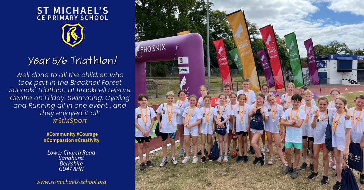stmichaelssand's tweet photo. Last Friday, a group of Year 5 and Year 6 children took on the challenge of competing in a triathlon and they loved it! Another brilliantly organised event and we were grateful for being able to take part! #StMSport https://t.co/7s4ZJRGHRO