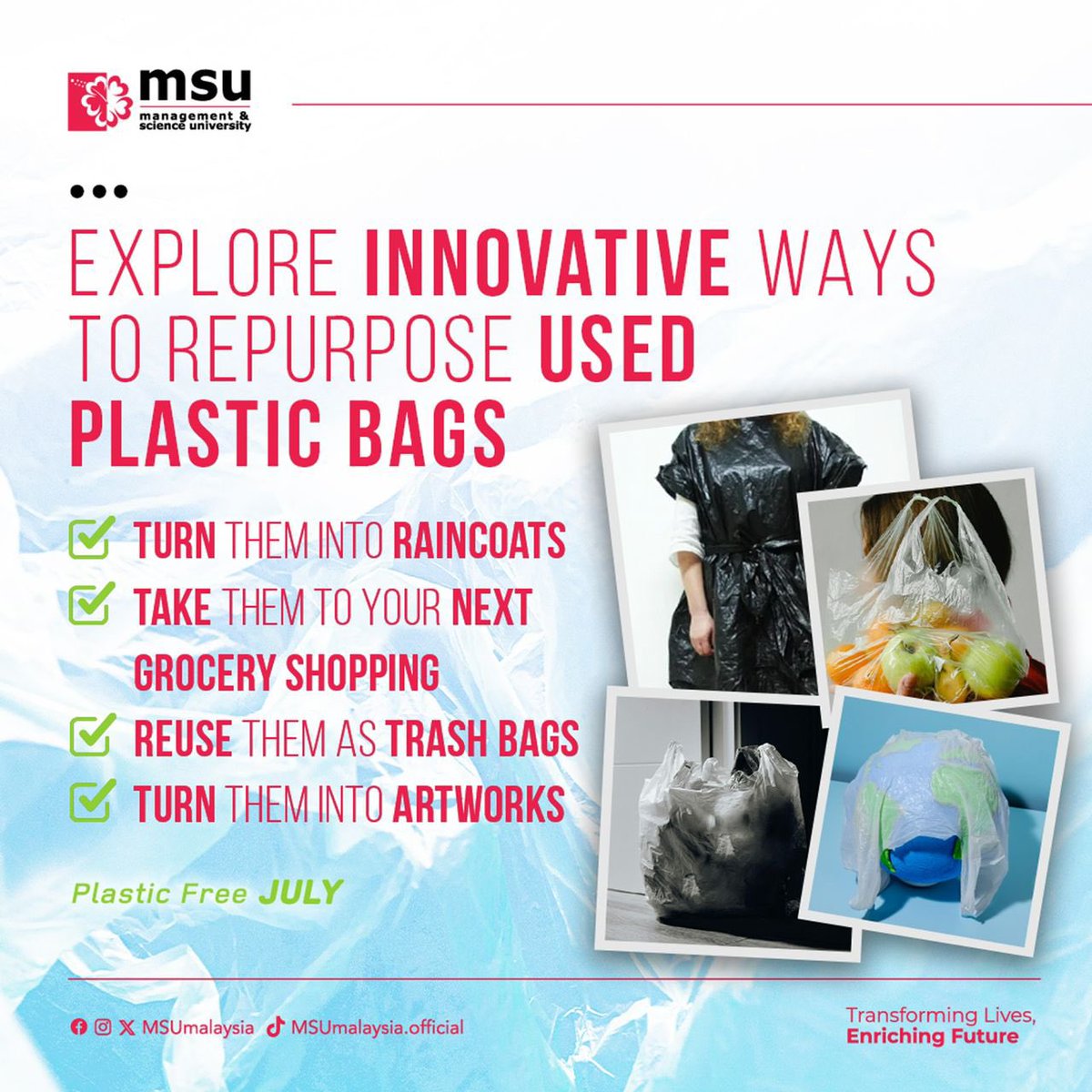 MSUmalaysia's tweet image. Plastic bags are non-biodegradable and harmful to nature. However, if you happen to find a swarm of single-use plastic bags in your possession, you might as well put them to good use.

#TipsTuesday
#MSUmalaysia