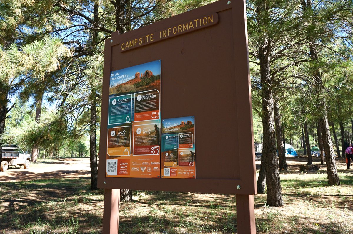 ArizonaDEQ's tweet photo. Planning a Fourth of July camping trip near #OakCreek? Keep an eye out for these signs for reminders of how you can protect #waterquality during your stay:
🚯 Pack out trash
🐾 Pick up after pets
💩 Have a poop plan
👣 Stay on trails
➡️ https://t.co/jgJETHSQgs
#ProtectAZ https://t.co/OKwLFajzLE