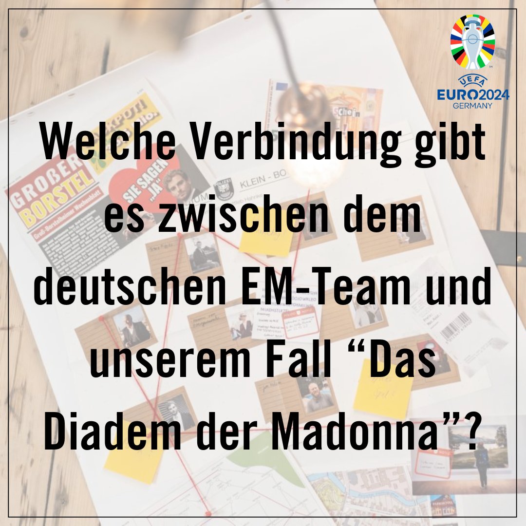 Hidden Games (@hiddengamescs) on Twitter photo So kurz vor dem Viertelfinale zwischen Deutschland und Spanien möchten wir von euch wissen: Welche Verbindung gibt es zwischen dem deutschen EM-Team und unserem Fall "Das Diadem der Madonna"? 
Wir drücken unserer Mannschaft auf jedenfall die Daumen!
#hiddengames #em2024 So kurz vor dem Viertelfinale zwischen Deutschland und Spanien möchten wir von euch wissen: Welche Verbindung gibt es zwischen dem deutschen EM-Team und unserem Fall "Das Diadem der Madonna"? 
Wir drücken unserer Mannschaft auf jedenfall die Daumen!
#hiddengames #em2024