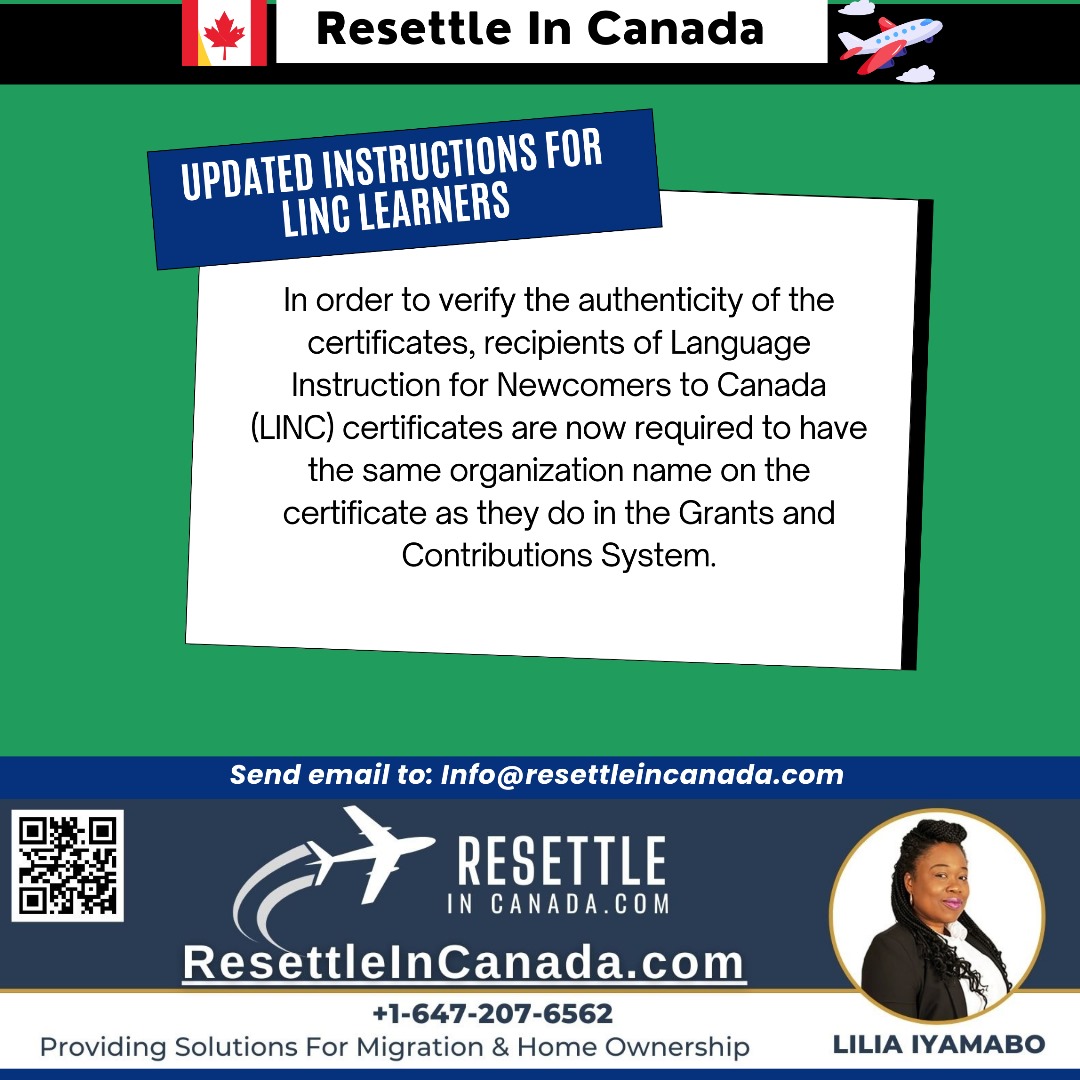 resettlecanada's tweet photo. To ensure accuracy and validity, all LINC certificate holders must now align their organization name on their certificate.
Connect with us for specialized guidance on your immigration dreams!
#CanadaImmigration #LINC #CertificationVerification #ResettleInCanada https://t.co/IQPqA7EBT1