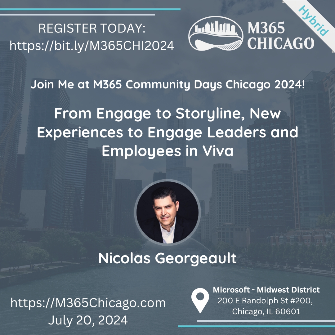 M365Chicago (@m365chicago) on Twitter photo Join <a href="/ngeorgeault/">Nicolas Georgeault @ Montréal❤️</a> to discover the latest in Microsoft 365's social knowledge network and the transformative power of Viva Engage, connecting leaders and employees like never before shaping the future of engagement! #M365Chicago #M365 #CommunityLuv bit.ly/4cgcw74 Join <a href="/ngeorgeault/">Nicolas Georgeault @ Montréal❤️</a> to discover the latest in Microsoft 365's social knowledge network and the transformative power of Viva Engage, connecting leaders and employees like never before shaping the future of engagement! #M365Chicago #M365 #CommunityLuv bit.ly/4cgcw74