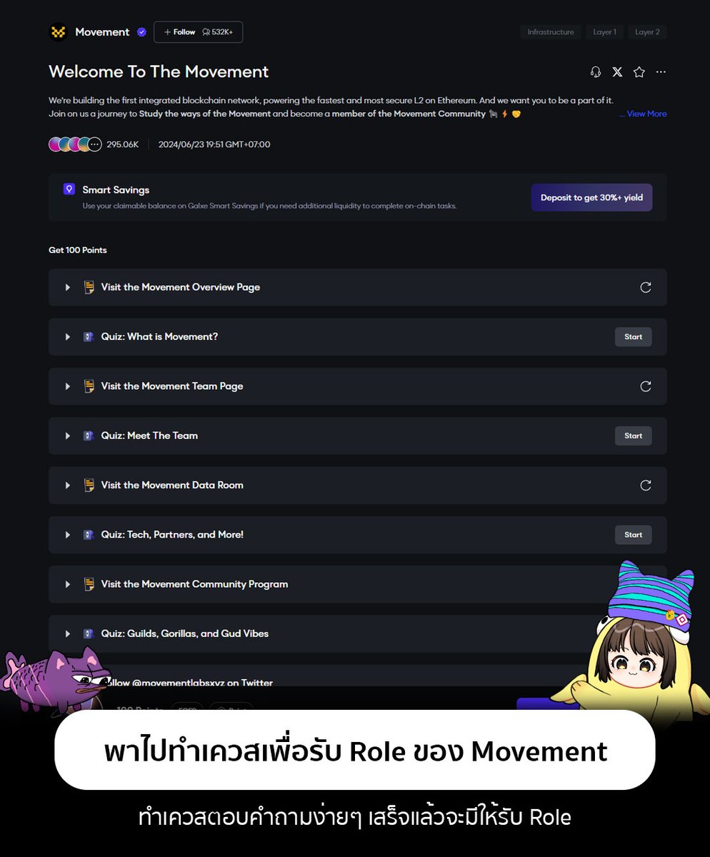 Mintttch2's tweet photo. หลังจากได้ทำ Testnet Movement กันไปแล้ว วันนี้ Movement มีให้รับโรลในดิสคอร์ดเพิ่มเติม วิธีทำด้านล่าง 👇🏼
.
1/ มาที่ https://t.co/7MVhYy3I0u และทำ Social Task ง่าย ๆ
.
1.1/ Quiz (ยาวหน่อยนะ)
Quiz 1
- Move
- C
- decentralized shared sequencer
- A
- B
.
Quiz 2
- A
- Vanderbilt
- B
- San Francisco
.
Quiz 3
- Fractal
- Celestia
- Razor wallet
- D
- A
.
Quiz 4
- gmove
- Pathfinders
- Creators
- Scholars
- Explorers
- Masons
- C
- Moveus
.
ปล. เครดิตคำตอบมากจาก Airdrop_Adv
.
2/ เมื่อทำเควส 1/ เสร็จแล้วให้มารับโรลที่ https://t.co/5TRTiXtE2K
.
3/  Daily Quest : https://t.co/ILipnrVDB9
.
อย่าลืมมาทำ Daily Quest ทุกวันนะ :3