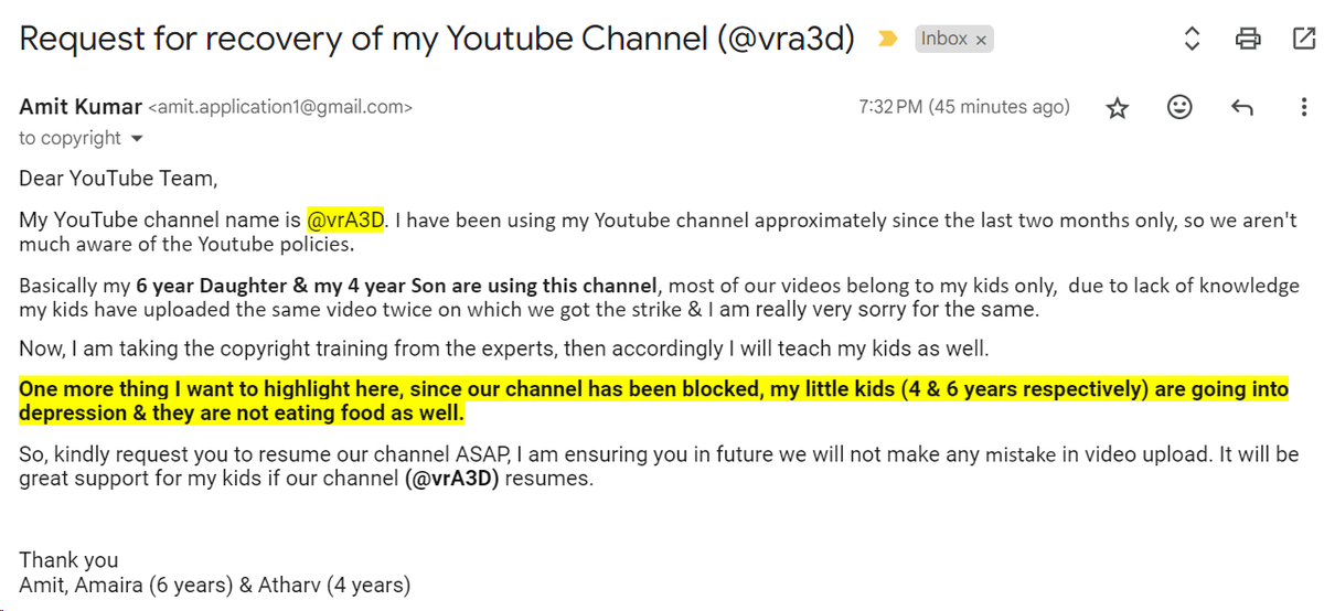 amit22m's tweet photo. @YouTube @YouTubeIndia Dear YT Team, Kindly resume my YouTube account asap, my 6 &amp; 4 years kids have gone into depression since termination. I have submitted the webform (5-9298000036144) as well, also sent an email, pls refer attachment. Thanks
URL is https://t.co/SXNA3RzLrh https://t.co/Ha3siYPRXl