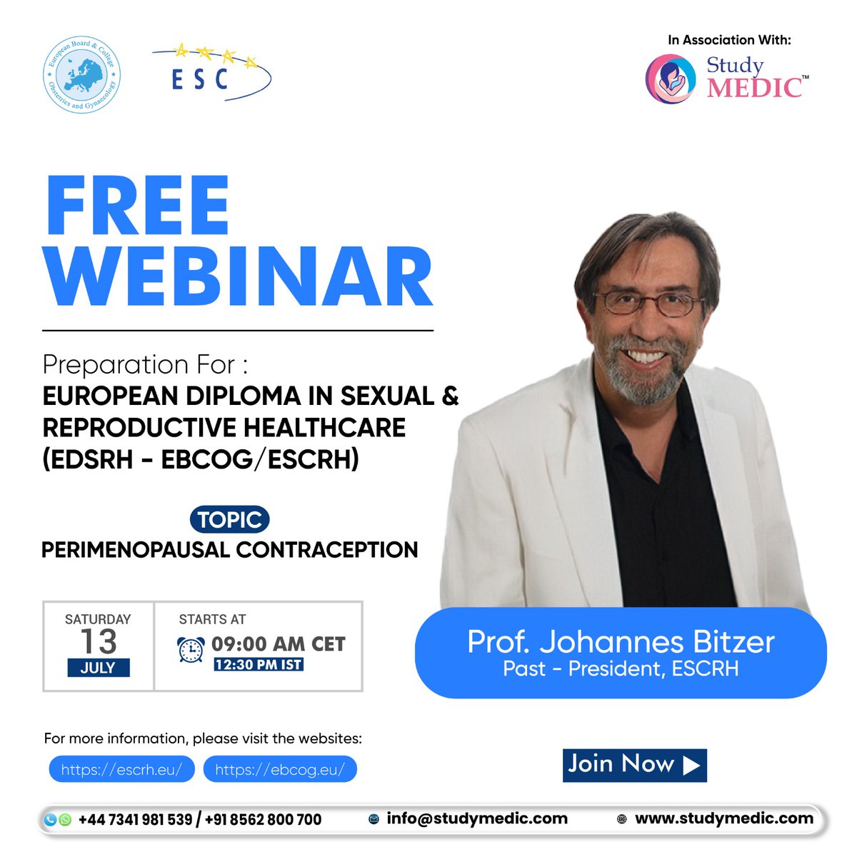 Join us on July 13, 2024, for a comprehensive online session on 'Perimenopausal Contraception', by EDSRH – EBCOG/ESCRH in association with StudyMEDIC.

Register now: studymedic.com/event/edsrh-eb…

#EDSRH #EBCOG #ESCRH #ESC #StudyMEDIC