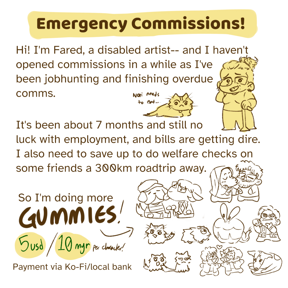 penatsetan's tweet photo. hey all! thing have been really rough so i'm opening komisyen for my gummies again, as job searches have been fruitless, and bills are impending &amp; i really need to check in on some friends in need. RTs help!

you can also drop some mutual aid at https://t.co/iXHAAVFYch ! https://t.co/llGBd3AQxs