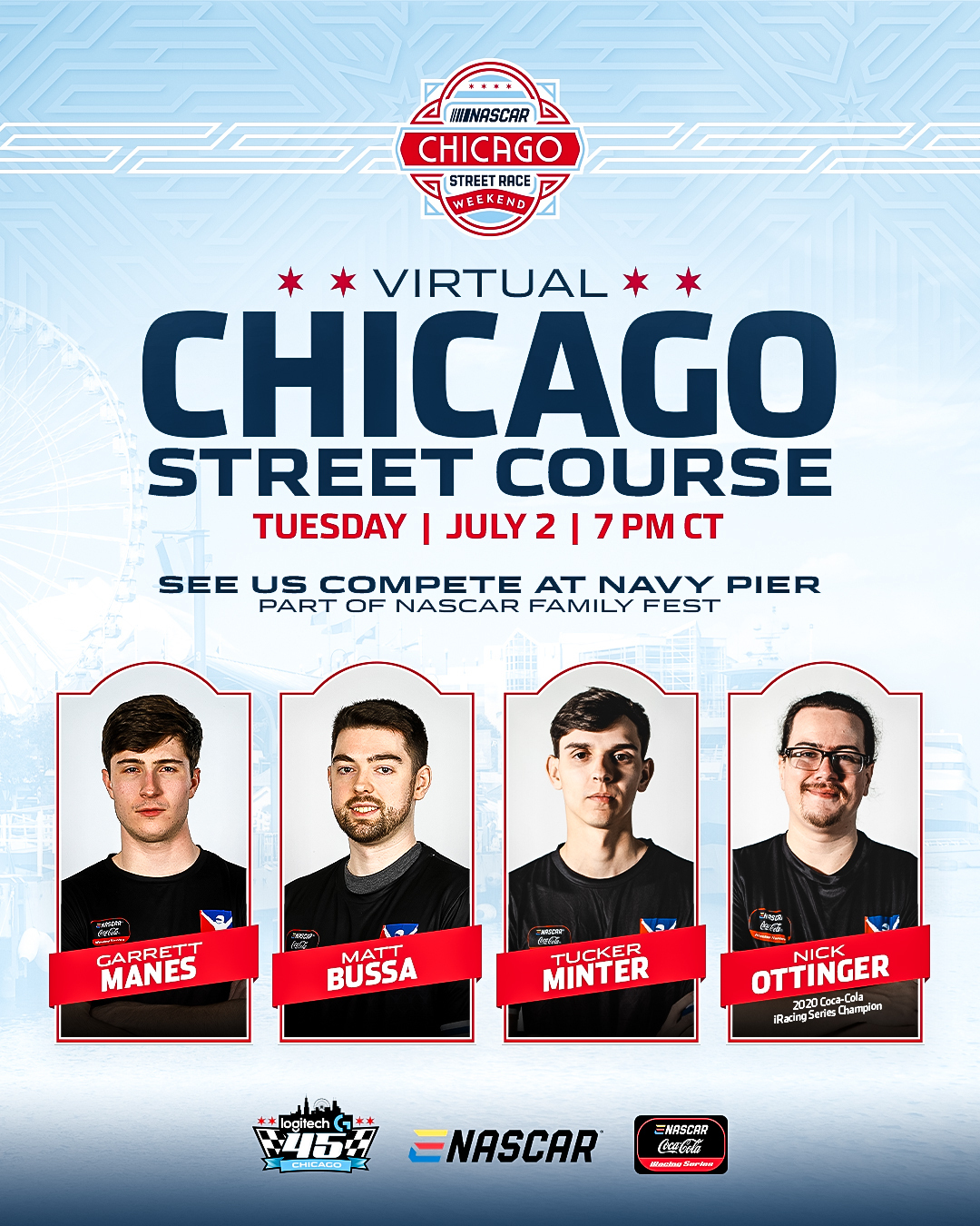 iRacing on X: "Four of the eNASCAR Coca-Cola iRacing Series drivers will be competing in tonight's event live from the Navy Pier in Chicago! Catch the Logitech 45 tonight at 8p ET! @