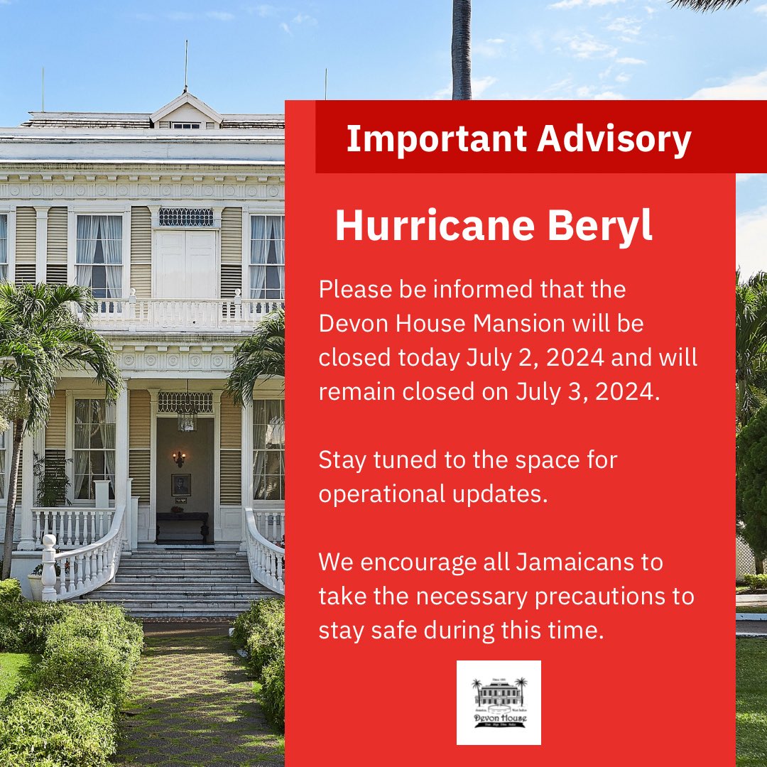 Please be informed that the Devon House Mansion will be closed today July 2, 2024 and will remain closed on July 3, 2024.  

Stay tuned to the space for operational updates.  

We encourage all Jamaicans to take the necessary precautions to stay safe during this time.