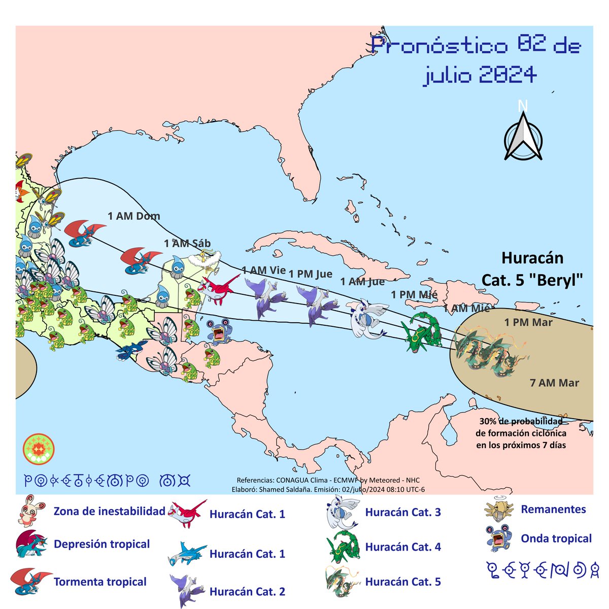 poketiempo_mx's tweet photo. 🌀#Huracán #Beryl es Categoría 5:
Ayer por la noche, Beryl alcanzó a tener vientos sostenidos de 257 km/h, formando con claridad un ojo en el sureste del Caribe. Éste es el primer #CiclonTropical de la temporada que alcanza esta categoría.
⚠️ #Yucatán, #QuintanaRoo y #Campeche: tomen precauciones pues se pronostica que los impacte como Categoría 1 o #TormentaTropical (es decir, con menor intensidad) entre el jueves y el viernes.