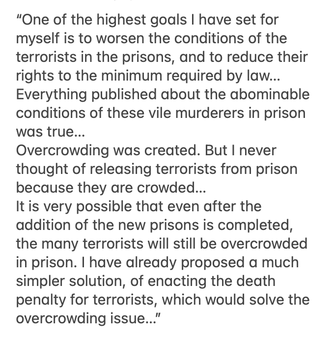 prem_thakker's tweet image. Israeli National Security Minister Itamar Ben Gvir on reports of detention camps where soldiers have tortured, raped Palestinians:
“Everything published about the abominable conditions was true…I have already proposed a much simpler solution, of enacting the death penalty…”